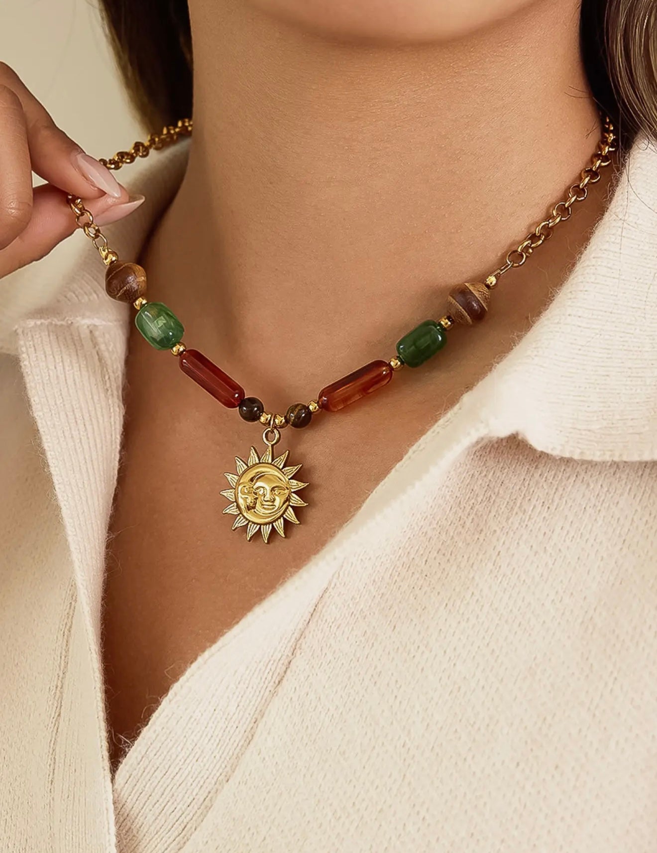 Brisa Beaded Sun Pendant Necklace